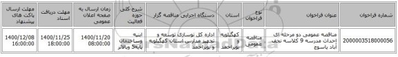 مناقصه عمومی دو مرحله ای احداث مدرسه 9 کلاسه نجف آباد یاسوج