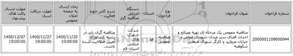 مناقصه عمومی یک مرحله ای تهیه مصالح و احداث فضای سبز میدان شهدای غواص و خیابان مروارید و کارگر شهرک صنعتی شکوهیه