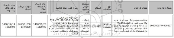 مناقصه عمومی یک مرحله ای خرید لوله پلی اتیلن در اقطار90،160،110، 75 و 315 م م(مربوط به طرح های آبرسانی روستایی  و آبرسانی به شهرهای دارای تنش آبی و شه