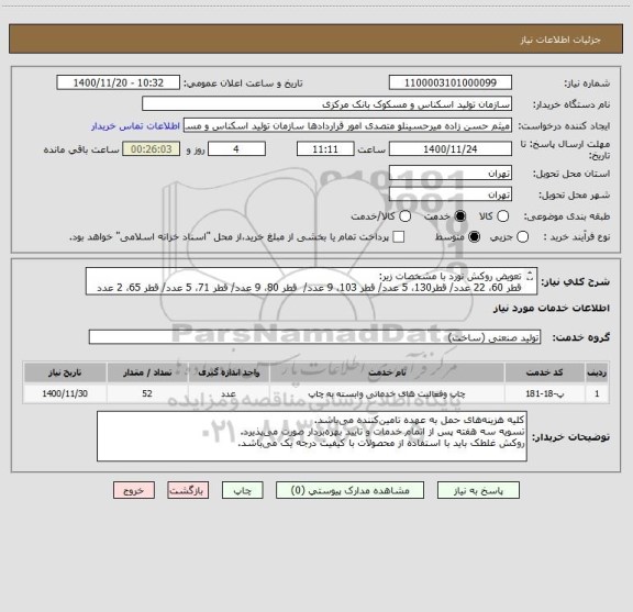 استعلام تعویض روکش نورد با مشخصات زیر:
قطر 60، 22 عدد/ قطر130، 5 عدد/ قطر 103، 9 عدد/  قطر 80، 9 عدد/ قطر 71، 5 عدد/ قطر 65، 2 عدد
طول:103CM - شور:40
