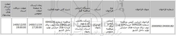 فراخوان ارزیابی کیفی مناقصه شماره 0040226 خرید1542 عدد تیوب برای مبدل¬‌های حرارتی تولید داخل کشور