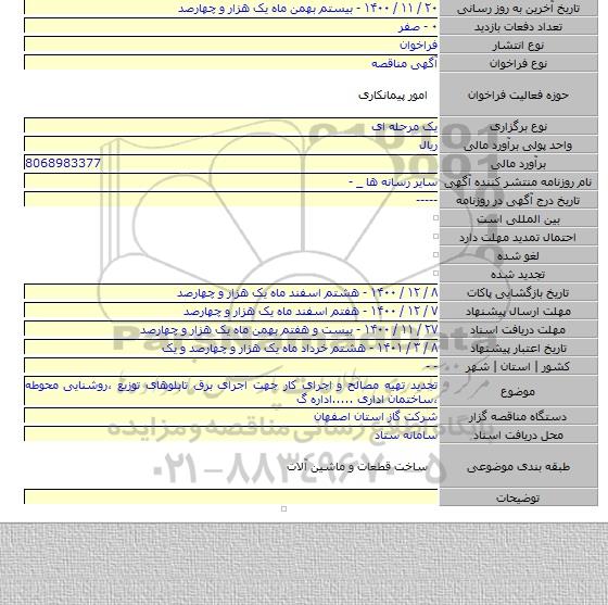 تجدید تهیه مصالح و اجرای کار جهت اجرای برق تابلوهای توزیع ،روشنایی محوطه ،ساختمان اداری .....اداره گ