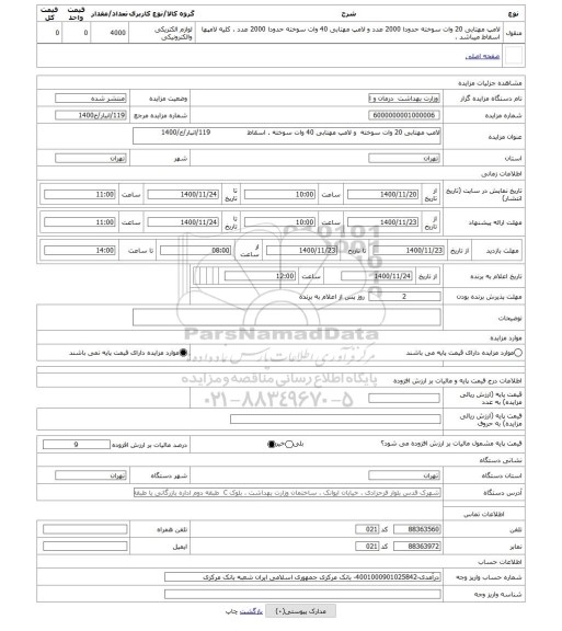 مزایده ، لامپ مهتابی 20 وات سوخته و لامپ مهتابی 40 وات سوخته . اسقاط 119/انبار/خ/1400