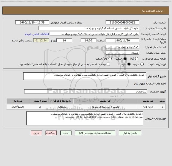 استعلام احداث پلاتفرم،برق کشی،خرید و نصب ادوات هواشناسی مطابق با جداول پیوستی