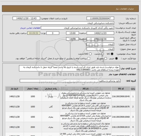 استعلام  مواد درخواست شده باید طبق ایران کد ثبت شده با تاریخ بالا باشد ضمنا"کرایه حمل تا دانشکده کرمان به عهده برنده استعلام می باشد 09131995801