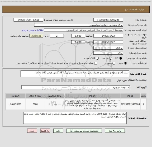 استعلام ست گان و شلوار و کلاه یکبار مصرف بیمار زنانه و مردانه سایز بزرگ 38 گرمی عرض 160 به بالا