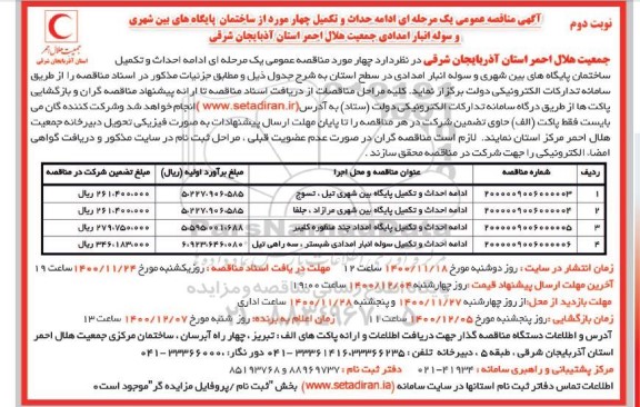 مناقصه ادامه احداث و تکمیل ساختمان پایگاه های بین شهری و سوله انبار امدادی- نوبت دوم 