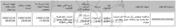 مناقصه عمومی یک مرحله ای احداث خط تغذیه روستاهای محور بیطاس مهاباد