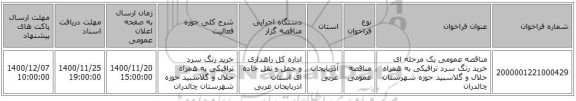 مناقصه عمومی یک مرحله ای خرید رنگ سرد ترافیکی به همراه حلال و گلاسبید حوزه شهرستان چالدران