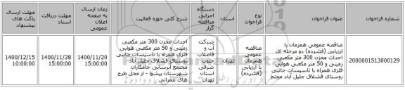 مناقصه عمومی همزمان با ارزیابی (فشرده) دو مرحله ای احداث مخزن 300 متر مکعبی زمینی و 50 متر مکعبی هوایی فلزی همراه با تاسیسات جانبی روستای قشلاق جلیل آباد مجتم