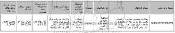 مناقصه عمومی همزمان با ارزیابی (فشرده) یک مرحله ای واگذاری خدمات مرکز فوریت های برق (121) ، عیب یابی کابل و دیزل ژنراتورها 