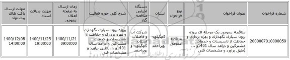 مناقصه عمومی یک مرحله ای پروژه برون سپاری نگهداری و بهره برداری و حفاظت از تاسیسات و خدمات مشترکین و درامد سال    1401و ... )طبق براورد و مشخصات فنی