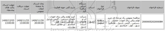 مناقصه عمومی یک مرحله ای خرید لوازم برقی برای امورات خلخال ،سرعین ، گرمی ،اردبیل ، مشکین شهر ، کوثر ، اصلاندوز ، نیر