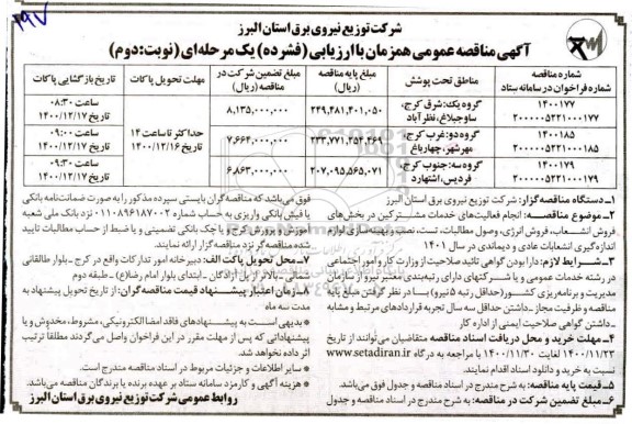 مناقصه انجام فعالیت های خدمات مشترکین در بخش های فروش انشعاب ، فروش انرژی ... نوبت دوم