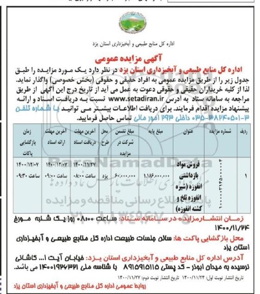 مزایده , مزایده فروش مواد بازداشتی انغوزه