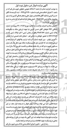 مزایده،مزایده پلاک ثبتی شماره 2484.166 بخش ثبتی 2 نوبت اول