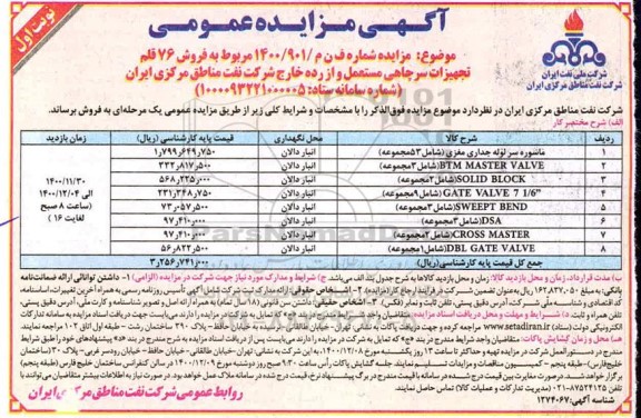 مزایده فروش 76 قلم تجهیزات سرچاهی مستعمل و از رده خارج