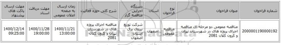 مناقصه عمومی دو مرحله ای مناقصه اجرای پروژه های در شهرستان تیران و کرون  کلان 2081