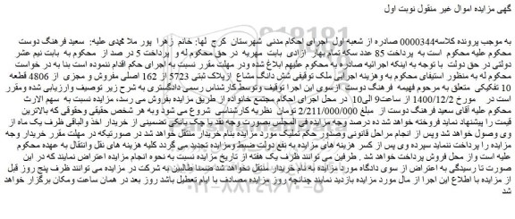 مزایده فروش شش دانگ مشاع  ازپلاک ثبتی 5723 از 162 اصلی مفروش و مجزی  از 4806 قطعه 10 تفکیکی 