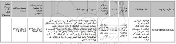 فراخوان ارزیابی کیفی اجرای موتورخانه های محلی و سیستم آبرسانی مرکز آموزشی فرهنگی بابلسربانک ملی ایران