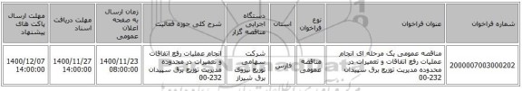 مناقصه عمومی یک مرحله ای انجام عملیات رفع اتفاقات و تعمیرات در محدوده مدیریت توزیع برق سپیدان 232-00