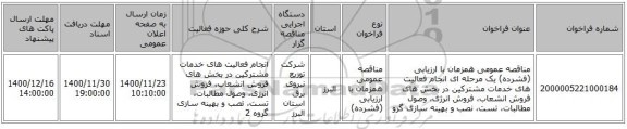 مناقصه عمومی همزمان با ارزیابی (فشرده) یک مرحله ای انجام فعالیت های خدمات مشترکین در بخش های  فروش انشعاب، فروش انرژی، وصول مطالبات، تست، نصب و بهینه سازی گرو