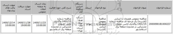مناقصه عمومی همزمان با ارزیابی (فشرده) یک مرحله ای مناقصه شماره 1401/15 واگذاری آژانس خدمات مشترکین در محدوده منطقه برق اسلامشهر