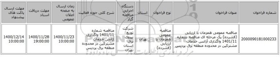 مناقصه عمومی همزمان با ارزیابی (فشرده) یک مرحله ای مناقصه شماره 1401/11 واگذاری آژانس خدمات مشترکین در محدوده منطقه برق پردیس