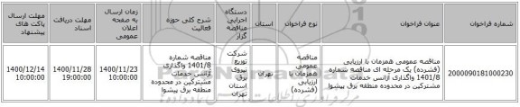 مناقصه عمومی همزمان با ارزیابی (فشرده) یک مرحله ای مناقصه شماره 1401/8 واگذاری آژانس خدمات مشترکین در محدوده منطقه برق پیشوا