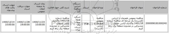 مناقصه عمومی همزمان با ارزیابی (فشرده) یک مرحله ای مناقصه شماره 1401/18 واگذاری آژانس خدمات مشترکین در محدوده منطقه برق رباط کریم