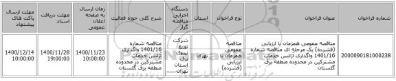 مناقصه عمومی همزمان با ارزیابی (فشرده) یک مرحله ای مناقصه شماره 1401/16 واگذاری آژانس خدمات مشترکین در محدوده منطقه برق گلستان
