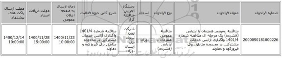 مناقصه عمومی همزمان با ارزیابی (فشرده) یک مرحله ای مناقصه شماره 1401/4 واگذاری آژانس خدمات مشترکین در محدوده مناطق برق فیروزکوه و دماوند