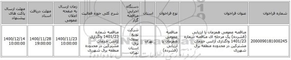 مناقصه عمومی همزمان با ارزیابی (فشرده) یک مرحله ای مناقصه شماره 1401/23 واگذاری آژانس خدمات مشترکین در محدوده منطقه برق شهرری
