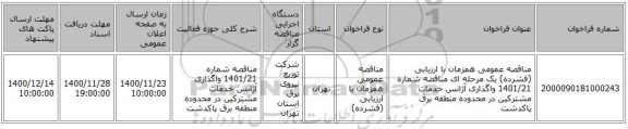 مناقصه عمومی همزمان با ارزیابی (فشرده) یک مرحله ای مناقصه شماره 1401/21 واگذاری آژانس خدمات مشترکین در محدوده منطقه برق پاکدشت