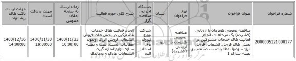 مناقصه عمومی همزمان با ارزیابی (فشرده) یک مرحله ای انجام فعالیت های خدمات مشترکین در بخش های  فروش انشعاب، فروش انرژی، وصول مطالبات، تست، نصب و بهینه سازی 1