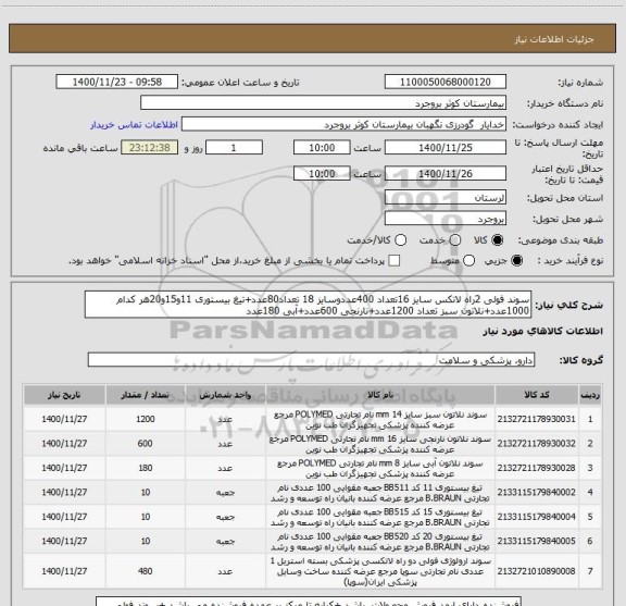 استعلام سوند فولی 2راه لاتکس سایز 16تعداد 400عددوسایز 18 تعداد80عدد+تیغ بیستوری 11و15و20هر کدام 1000عدد+نلاتون سبز تعداد 1200عدد+نارنجی 600عدد+آبی 180عدد