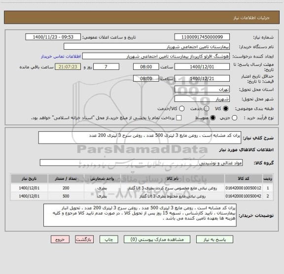 استعلام یران کد مشابه است . روعن مایع 3 لیتری 500 عدد . روغن سرخ 3 لیتری 200 عدد 