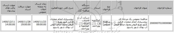 مناقصه عمومی یک مرحله ای برونسپاری انجام عملیات قرائت کنتور،توزیع قبوض،وصول مبالغ قبوض آب بهای شهر یاسوج 