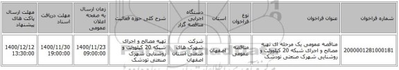 مناقصه عمومی یک مرحله ای تهیه مصالح و اجرای شبکه 20 کیلوولت و روشنایی شهرک صنعتی تودشک  
