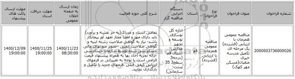 مناقصه عمومی همزمان با ارزیابی (فشرده) یک مرحله ای تکمیل مدرسه خیری متقیان(مسکن مهر کهک)