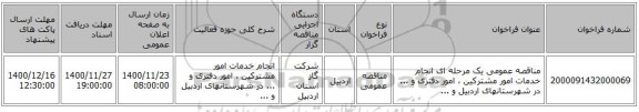 مناقصه عمومی یک مرحله ای انجام خدمات امور مشترکین ، امور دفتری و ... در شهرستانهای اردبیل و ... 