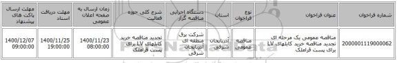 مناقصه عمومی یک مرحله ای تجدید مناقصه خرید کابلهای LV برای پست قراملک