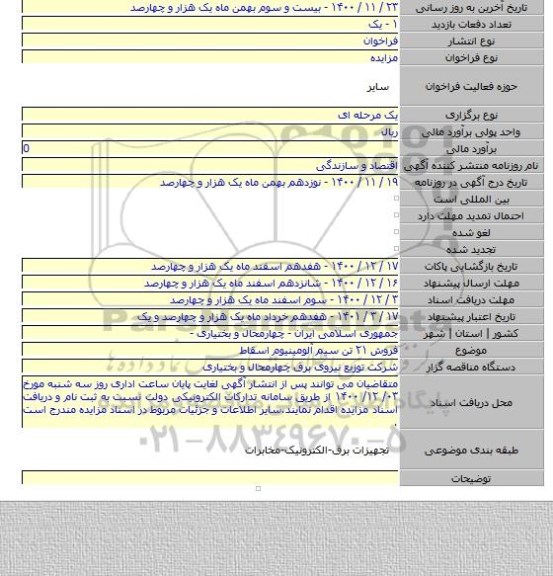 فروش ۲۱ تن سیم آلومینیوم اسقاط
