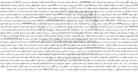 آگهی مزایده ششدانگ عرصه و اعیان یک دستگاه آپارتمان واقع در طبقه اول به مساحت 149/14 متر مربع