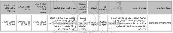 مناقصه عمومی یک مرحله ای خدمات بهره برداری و امداد ،گازبانی وصول مطالبات خدمات عمومی تعویض کنتور و رفع نشتی و... ناحیه گازرسانی بردسکن