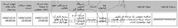 مناقصه عمومی یک مرحله ای تکمیل اجرای شبکه و انشعابات خانگی فاضلاب کوی ذوالفقاری آبادان