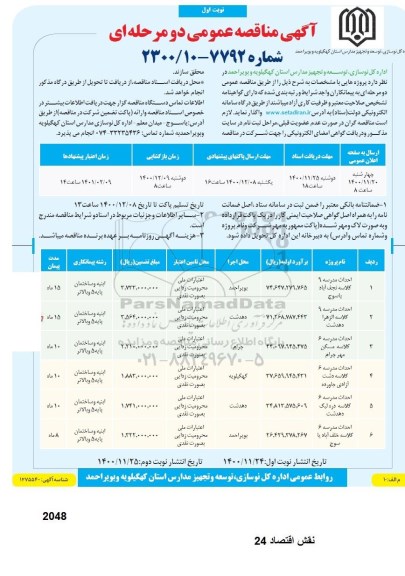 مناقصه، مناقصه احداث مدارس 9 کلاسه .... 
