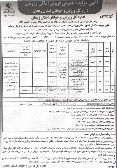 مزایده، مزایده فروش اماکن ورزشی تحت اختیار خود با حفظ کاربری ورزشی - نوبت دوم
