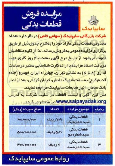 مزایده فروش تعداد محدودی قطعات یدکی مازاد