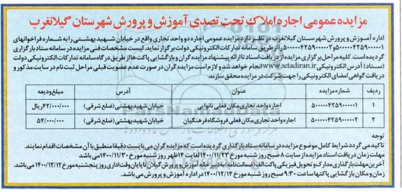 مزایده عمومی اجاره املاک تحت تصدی آموزش